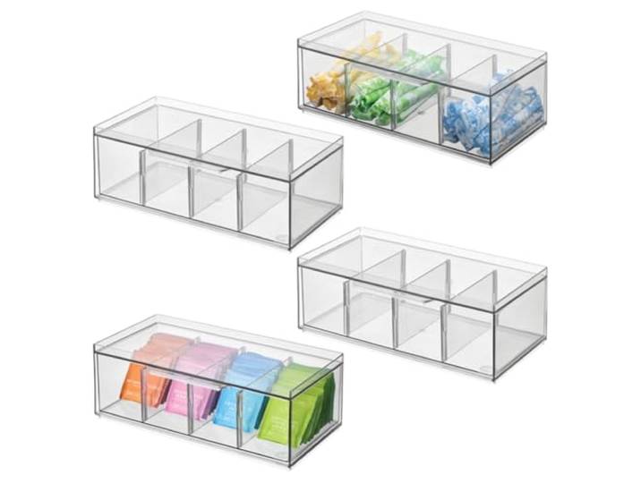 InterDesign iDesign stapelbare Tee-Aufbewahrungsschubladen mit 4 Fächern, Teebeutel-Organizer für Schrank oder Arbeitsplatte, 4 Stück, transparent