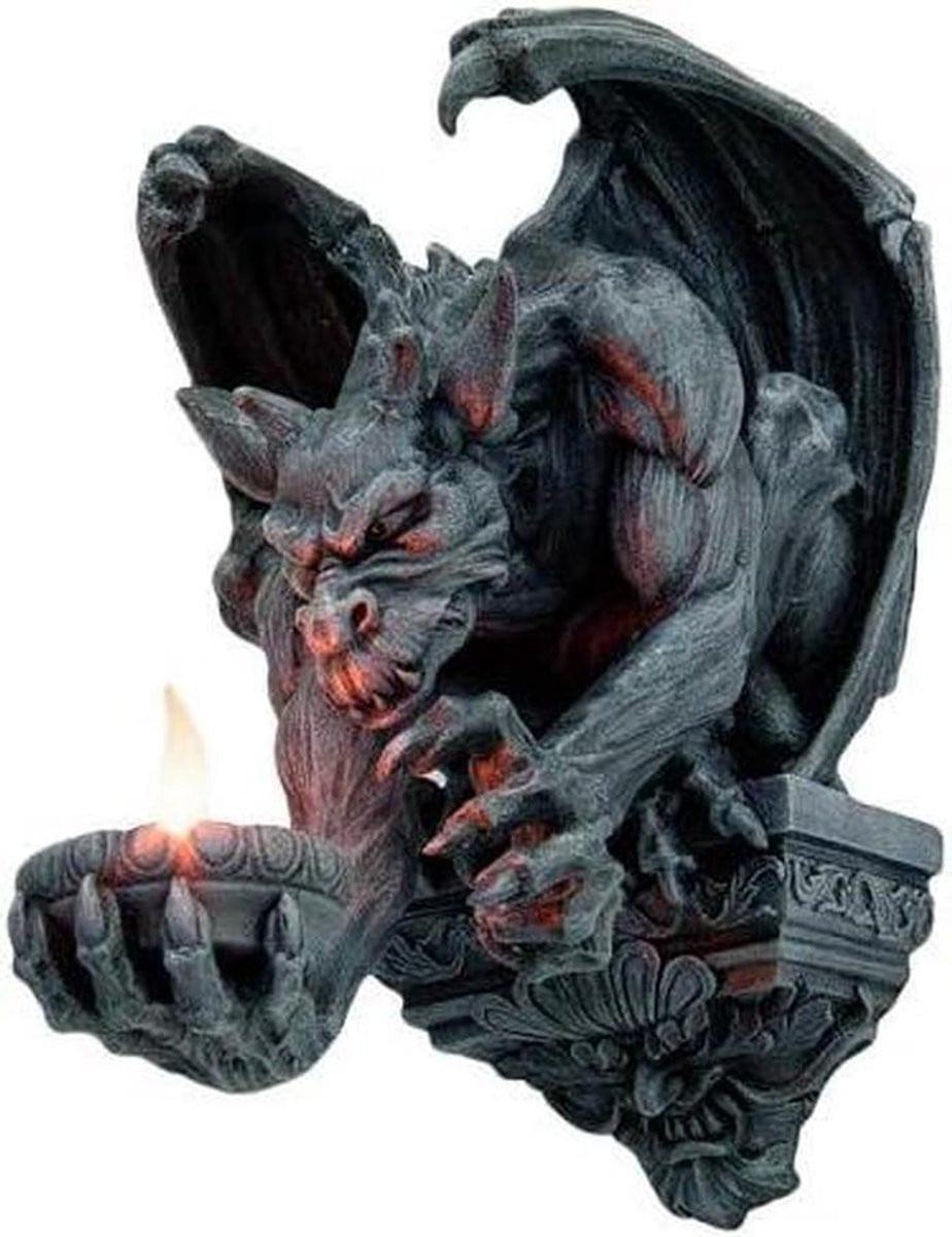 Gargoyle Kaarsenhouder Wandkandelaar Beeldhouwkunst Grijs Hoogte: 33 cm