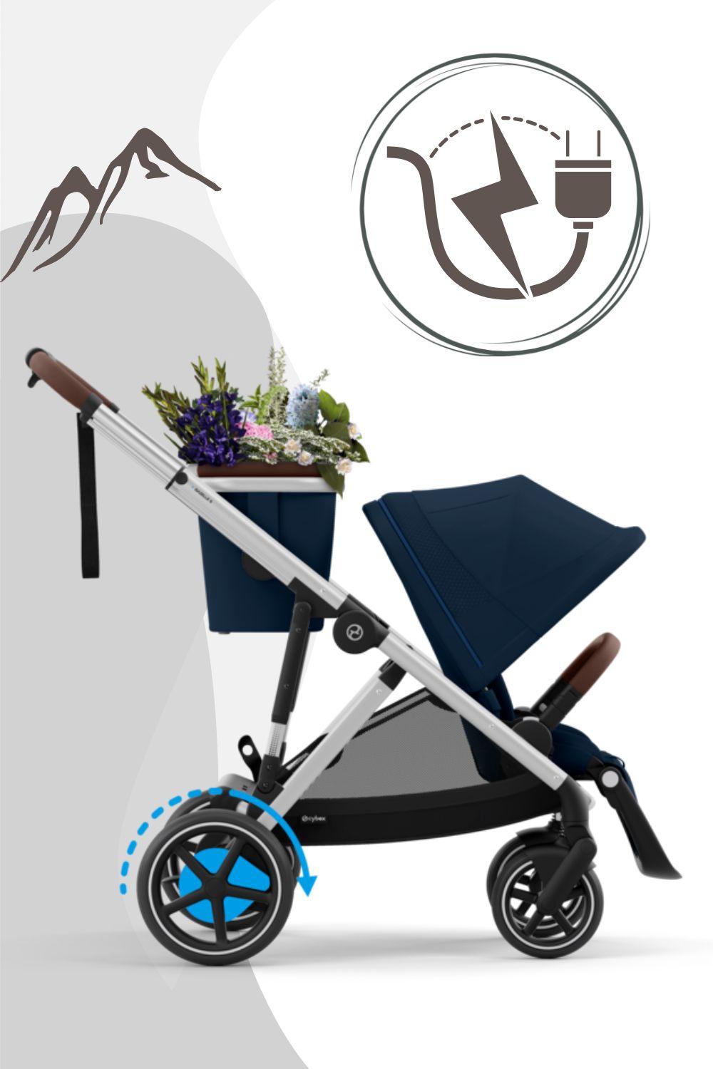 CYBEX e-Gazelle S, Betthimmel, Traditioneller Kinderwagen, Unisex, Faltbar, Blau, Silber