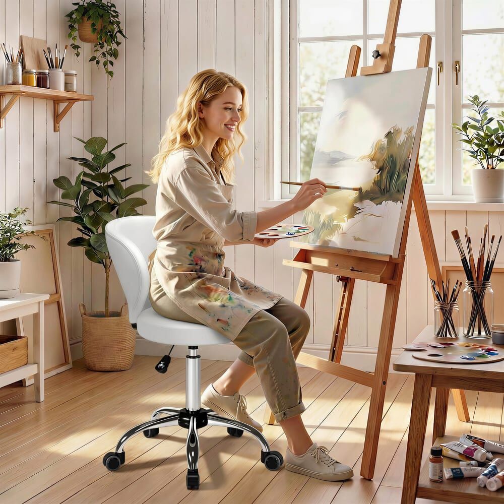 Homcom Tabouret à roulettes pivotant hauteur réglable pu blanc Blanc 54x88x45cm