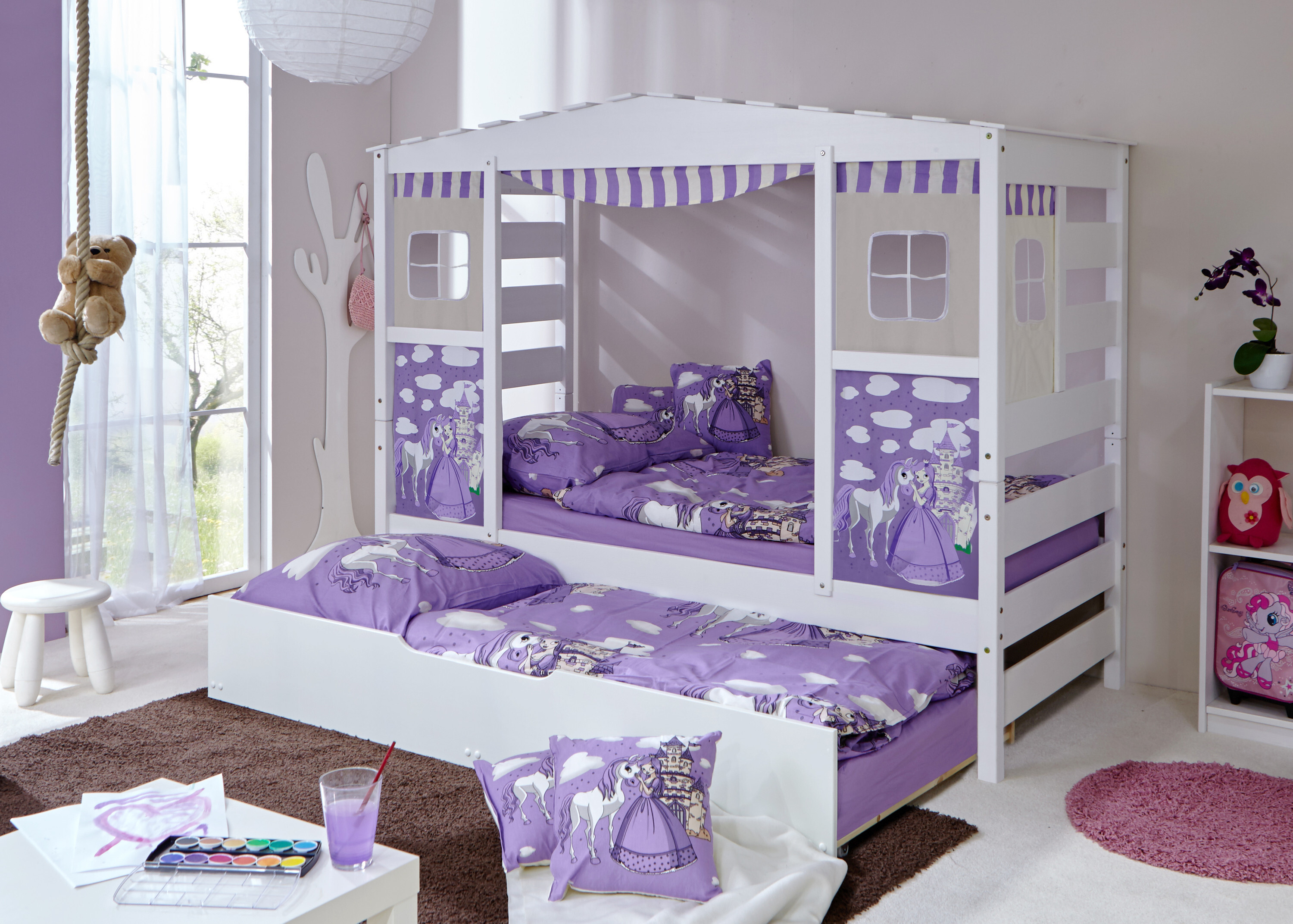 Hausbett Hochbett Spielbett Massivholz Kiefer Weiss teilbar, Bettkasten:Marianne