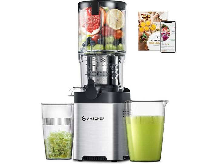 AMZCHEF Slow Juicer CE-ZM19OT02B-SV, 220 W, Slow Juicer mit 126MM Breite und mit 2 Gläsern