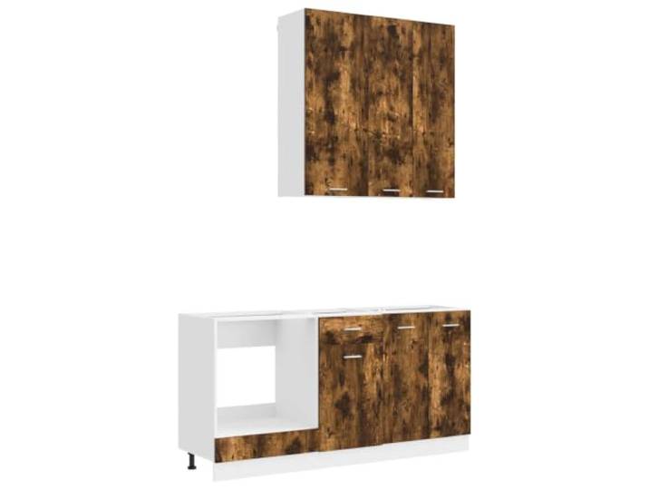 KUPTYERFG Küchenzeile Lyon 5-teilig Küchenschrank Set Geräucherte Eiche Modulare Küchenmöbel aus Holzwerkstoff mit Höhenverstellung für unebene Böden in Küche und Essbereich.