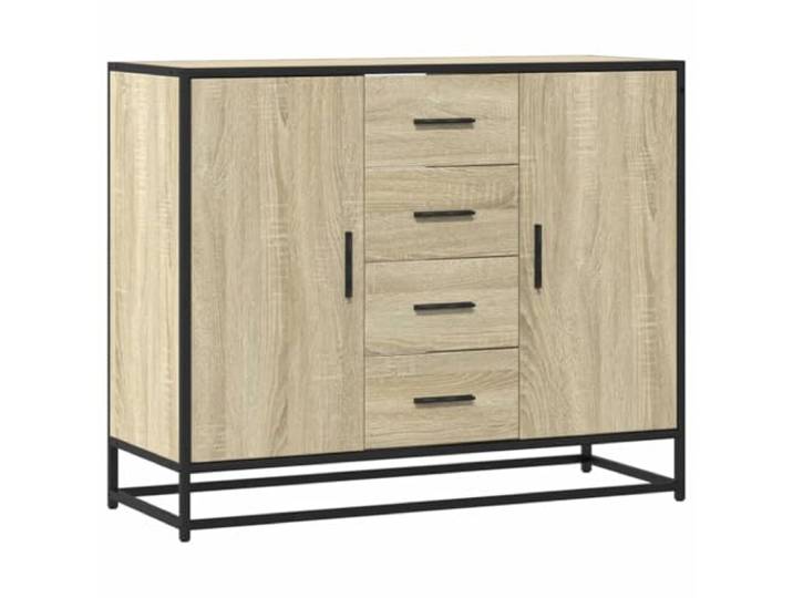 Fisinber Sideboard Sonoma-Eiche 92x35x76 cm Kommode mit Türen Schubladen Stabile Anrichte aus Holzwerkstoff für Wohnzimmer und Flur mit 4 Türen und 4 Schubladen für tägliche Utensilien.