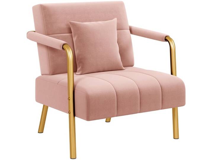 Yaheetech Fauteuil de Salon en Velours avec Coussin Carré et Cadre en Métal Doré Rose