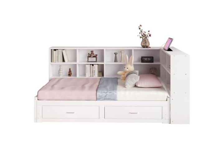 Massivholzsofa 90/180x190cm avec lit escamotable tiroirs rangement et prise Euro multifonction blanc