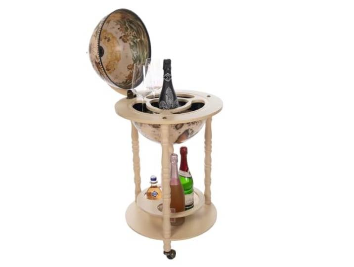 Riesiger Barwagen 33001 W, mit massiven Eukalyptusholz Säulen, in Antikweiß geöffnet 100 cm hoch und 44 cm breit, mit Rollen, antike Weltkugel Globusbar, Bartisch, Hausbar, Barwagen, Weltkugel