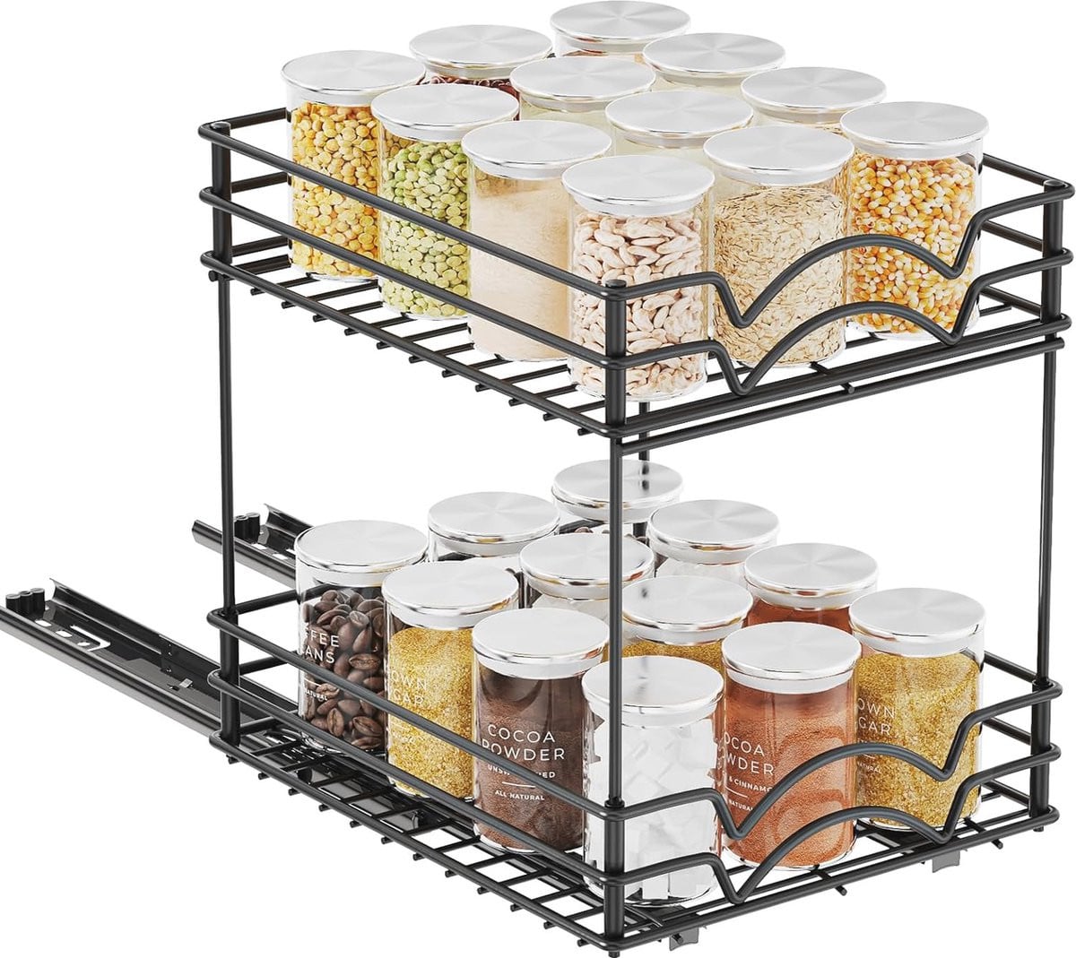 Uittrekbare Keuken Organizer voor Kruiden - Robuuste 2-laags Kast Organizer met Schuiflade - Mat Zwart