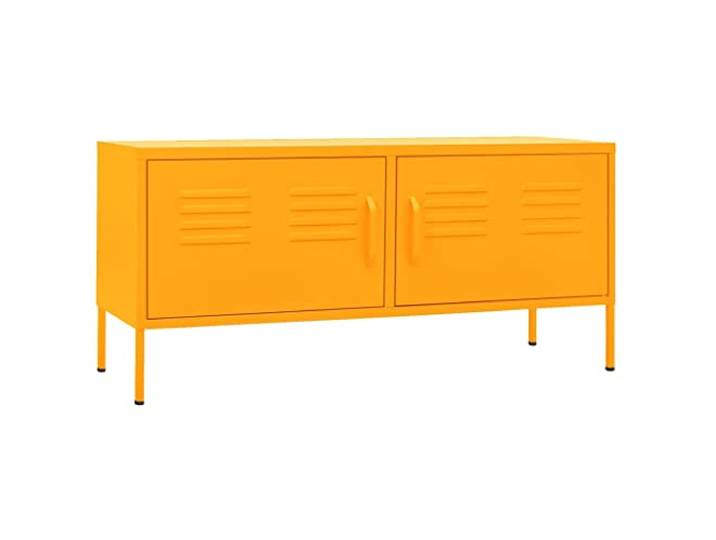 GKHPYURE TV-Schrank Senfgelb 105 x 35 x 50 cm Stahl 2 Türen mit Regal, 4 Kabellöcher, verstellbare Nivellierer, Tragkraft 100 kg