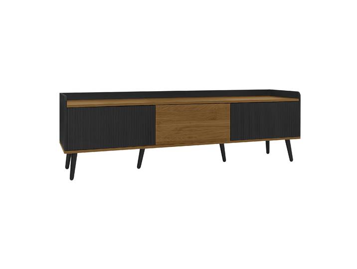 Meuble TV 3 portes finition bois naturel noir design compact 160x39x49,5 cm support de table TV PINGGO
