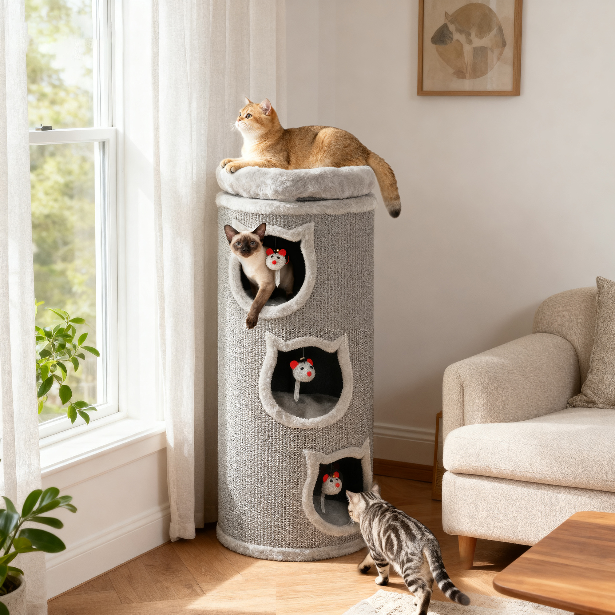 Pawhut Torre tiragraffi per gatti, a 4 livelli con letto lavabile, 3 tane, gioco sospeso, 96 cm, Grigio   Aosom Italy