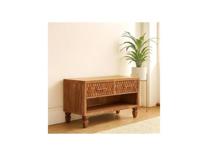 Solid Wood Arno Shoe Storage Unit in Golden Teak 2 Drawers 1 Shelf Brown