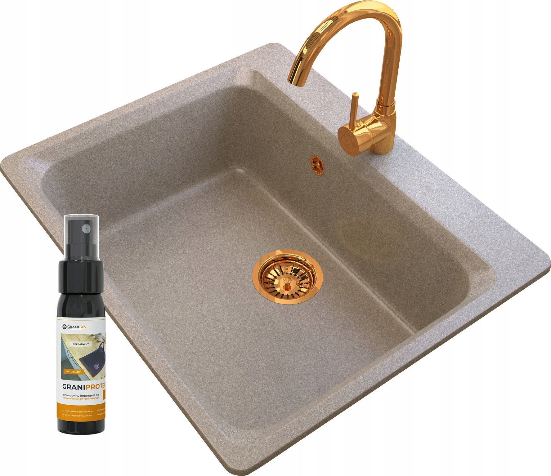 Granitan - Granitspüle - Küchenspüle - 62x52 cm - Beige - mit Armatur BETA und Siphon - Spülbecken - ZANTE