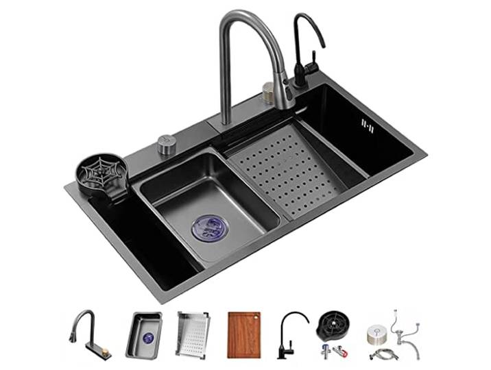 Wasserfall Küchenspüle Vielseitige Edelstahl Single-Bowl Küchenarbeitsplatz Waschbecken Wasserfall Pull-Down Wasserhahn Und Komplettes Zubehör Set (Color : Schwarz, S : 68x45x22cm)