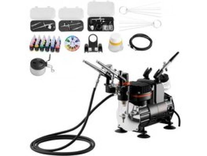 VEVOR Kit Aérographe avec Compresseur d’Air 1/6 HP, Compresseur Aérographe avec 3 Pistolets à Double Action, 3 Buses, Tuyau, Peinture Acrylique et Pinceaux, Décoration Pâtisserie Onglerie Modélisme