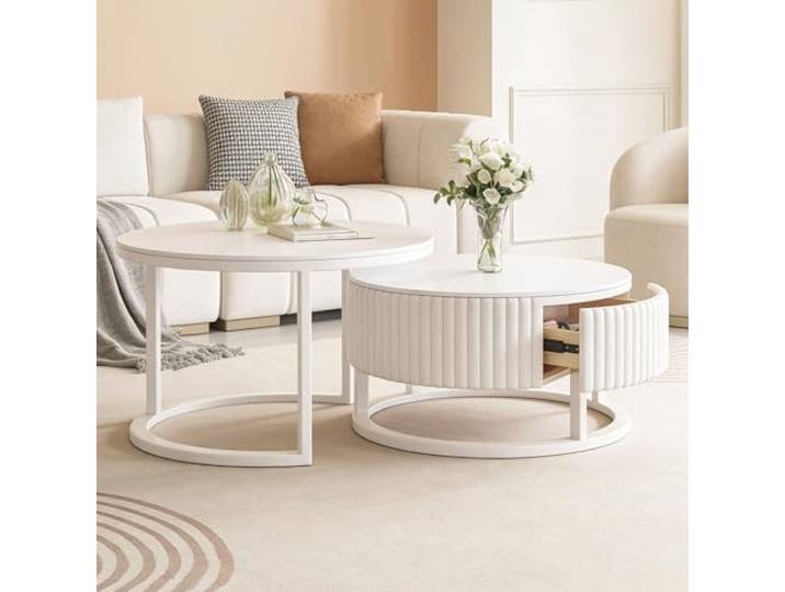 SeraphicCharm Rund Couchtisch Marmor Mit Stauraum Weiß Wohnzimmertisch Mit Schublade Modern Couchtisch Rund Weiss 2er Set Runder Couchtische Ausziehbar Couch Tisch Wohnzimmer Für Couch