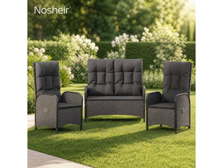 Ensemble salon jardin – Nosheir – Chaises inclinables et banc en rotin tressé avec coussins – pour extérieur – Noir