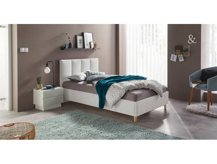 Polsterbett, 100x200 cm, Strukturstoff, Beige, 7-Zonen-Kaltschaummatratze, Modern
