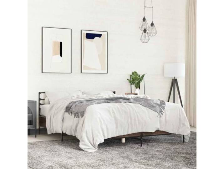 KFPOERTFGD Bettgestell 150x200 cm in Eichen-Optik Braun, Schlafzimmer Bett mit Metallbeinen und Lattenrost