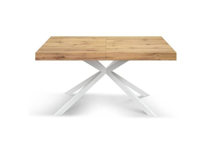 Table en bois, finition chêne, piètement blanc en x, extensible 140x90