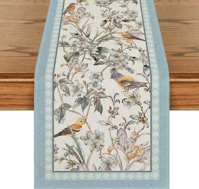 Inspire Curations Blue Birds Floral Linen Table Runner Elegant Spring Blossom Farmhouse Table Decor 01 200x33cm 78.7x13inch