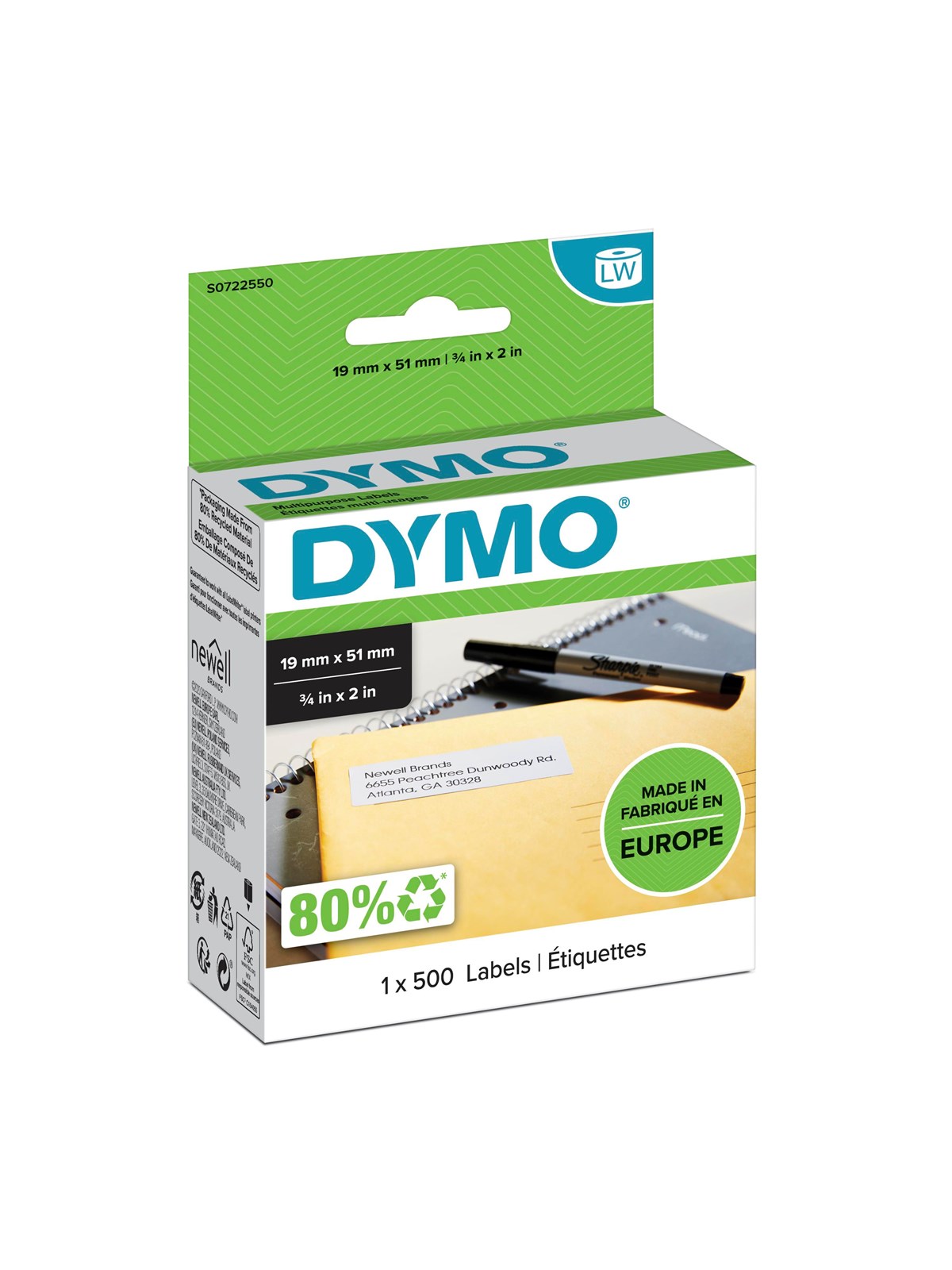 DYMO LabelWriter Mehrzwecketiketten/-Rücksendeetiketten | 19 mm x 51 mm | Rolle mit 500 leicht ablösbare Etiketten | selbstklebend