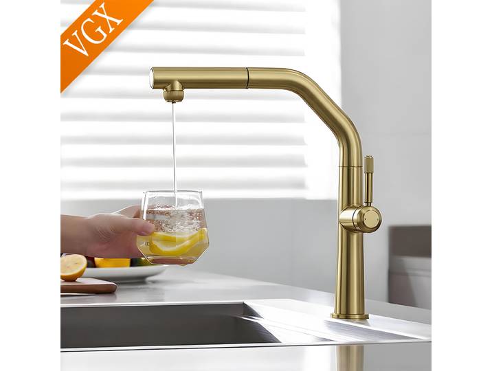 Robinet de cuisine VGX Gold à double bec, mitigeur d'évier extractible en acier inoxydable pour eau potable pure, robinet gourmet