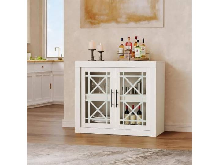 Zstar Sideboard mit 2 Glastüren und verstellbaren Böden Mid-Century Buffetschrank mit Stauraum für Esszimmer und Wohnzimmer
