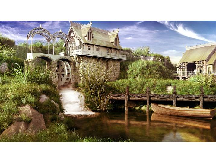 Fototapete PAPERMOON Märchenhafte Wassermühle , bunt, B:5m L:2,8m, Vlies, Tapeten, Fototapete