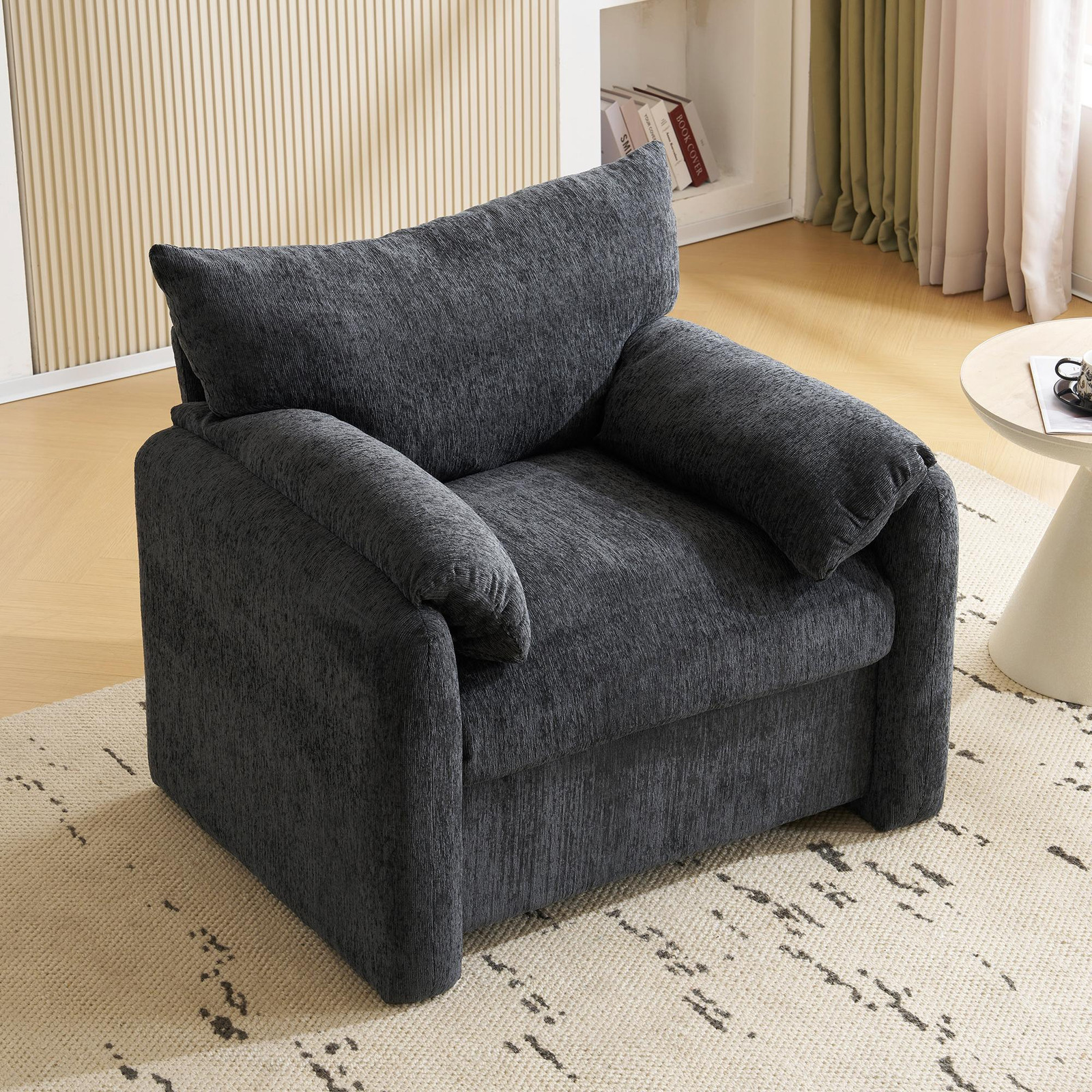STILVORA fauteuil met grote armleuningen en eenpersoonsbed, chenillestof, grijs