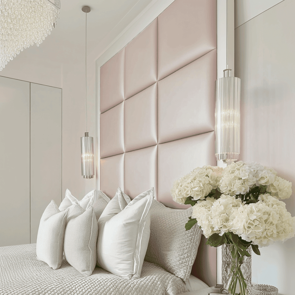 Dream Luxury Pink Satin Squares Headboard with White Wooden Frame, Emperor