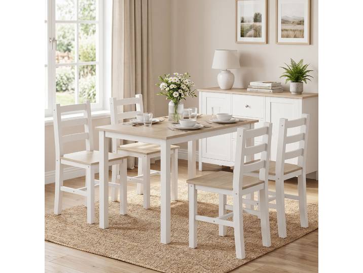 HOMCOM Ensemble Repas 5pcs Table Campagne Chaises Bois Naturel Blanc