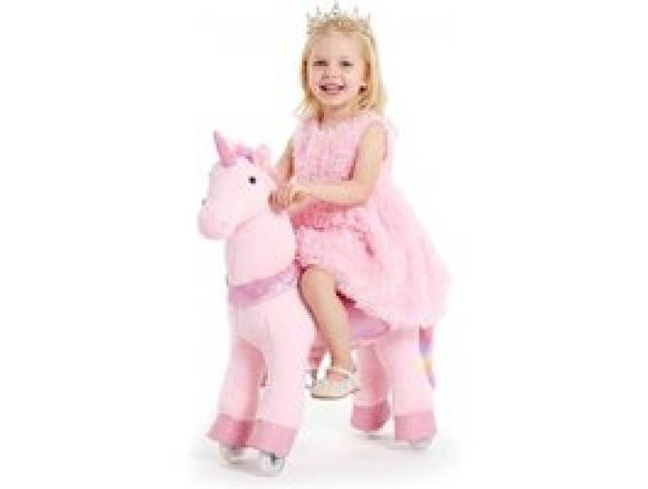 VEVOR Reitpferd auf Rollen 80cm, 50kg Belastbares Stehpferd mit Soundfunktion, Spielpferd mit Erhöhtem Sitz Griffen Pedalen, Rosa Einhorn mit Regenbogenmähne zum Reiten für Kinder Mädchen 3-8 Jahren