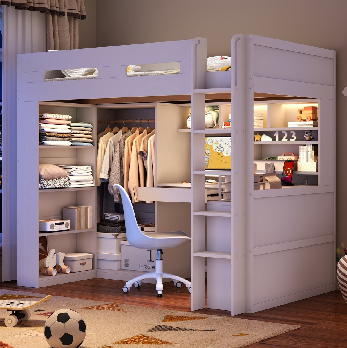 REDOM Hoogslaper met ingebouwd bureau, open kast en LED-verlichting, wit, 90 x 200 cm
