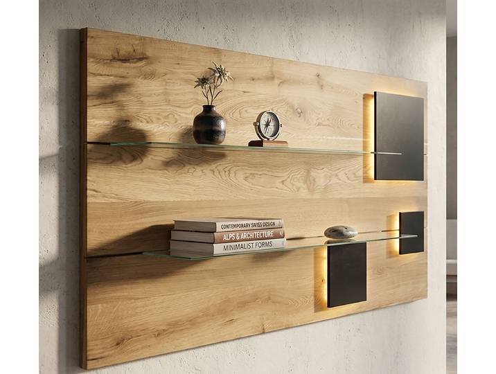Beleuchtetes Wandregal Paneel: Massivholz Eiche, geölt Absetzung: Metall, lackiert Holz/Braun 145 x 75 x 15cm