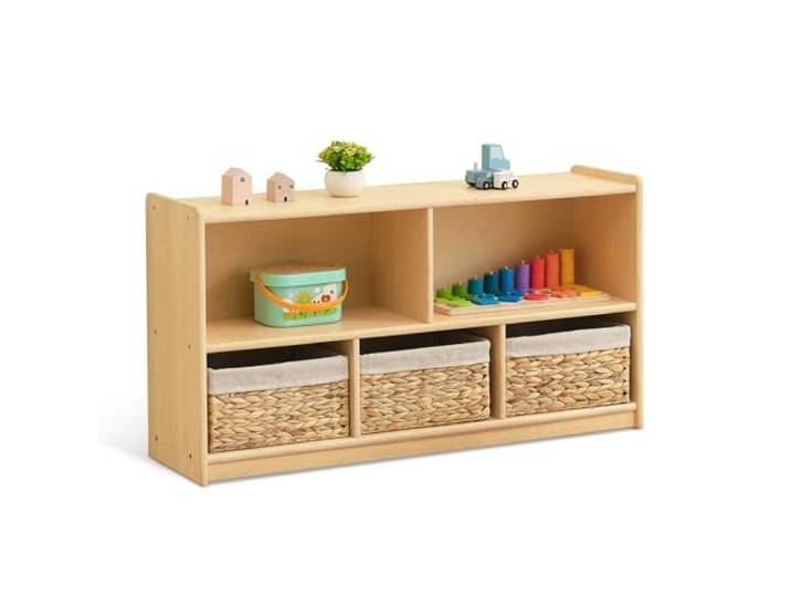 OOOK Bücherregal, Kinder Aufbewahrung Sperrholz mit 2 Etagen 5 Fächern Kinder Spielzeugschrank, Spielzeug Regal für Kinderzimmer, Klassenzimmer und Kindergarten, 113×30×60cm Kinderfreundliche Höhe
