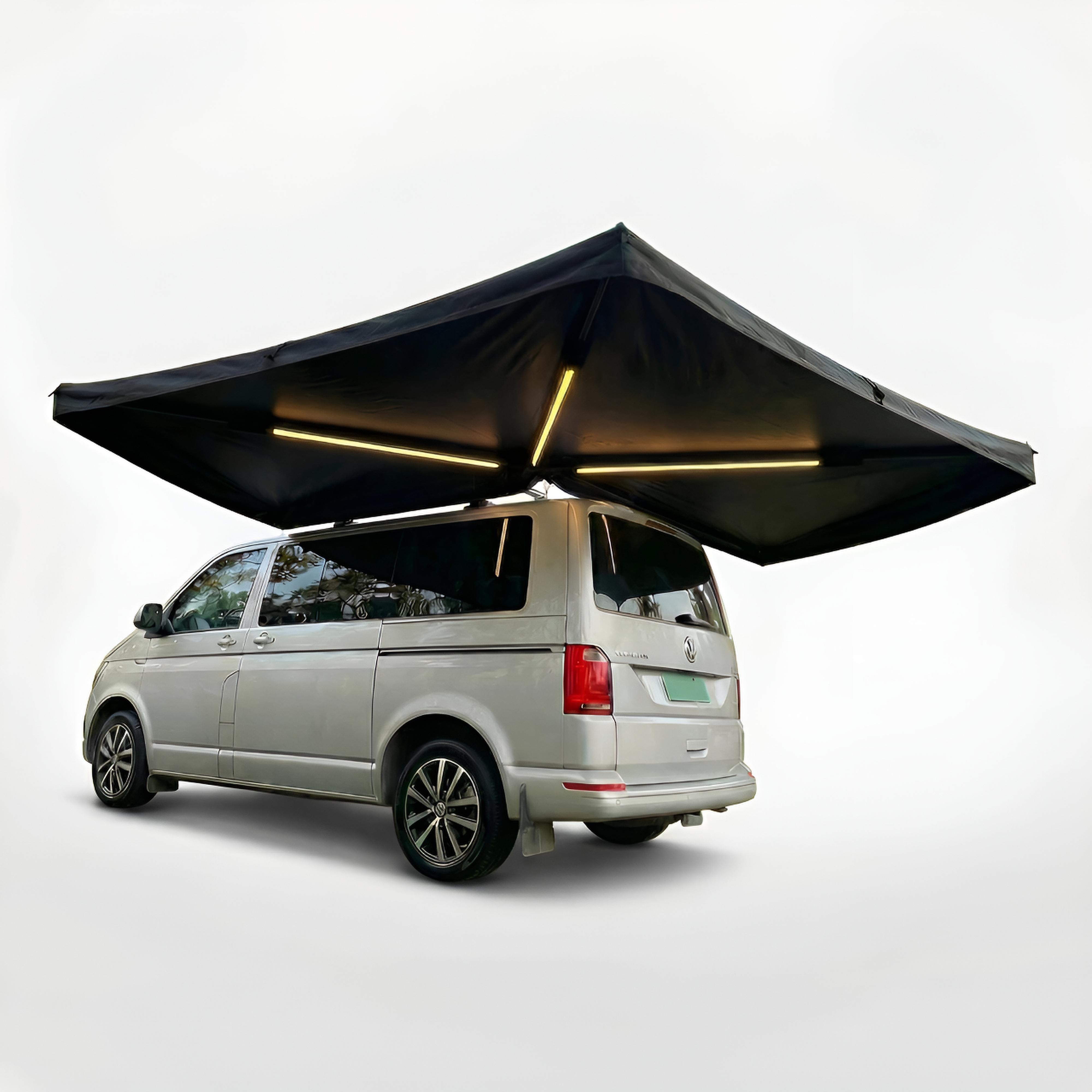 270° Autodachmarkise Auto Markise, Vordach, Dachzelt Schwarz/Grau 250x200cm mit LED, für die Fahrerseite
