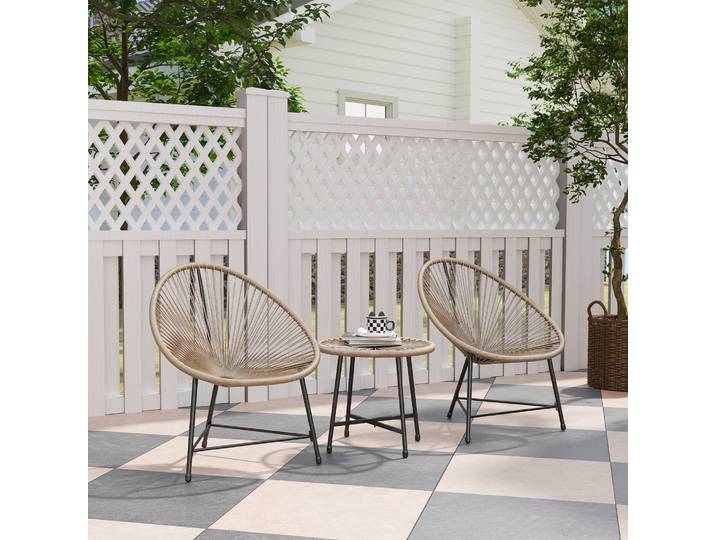 Outsunny Ensemble Jardin 3pcs Rotin Marron Clair Table Verre Acier
