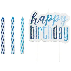Kerzen Set blau & silber Happy Birthday