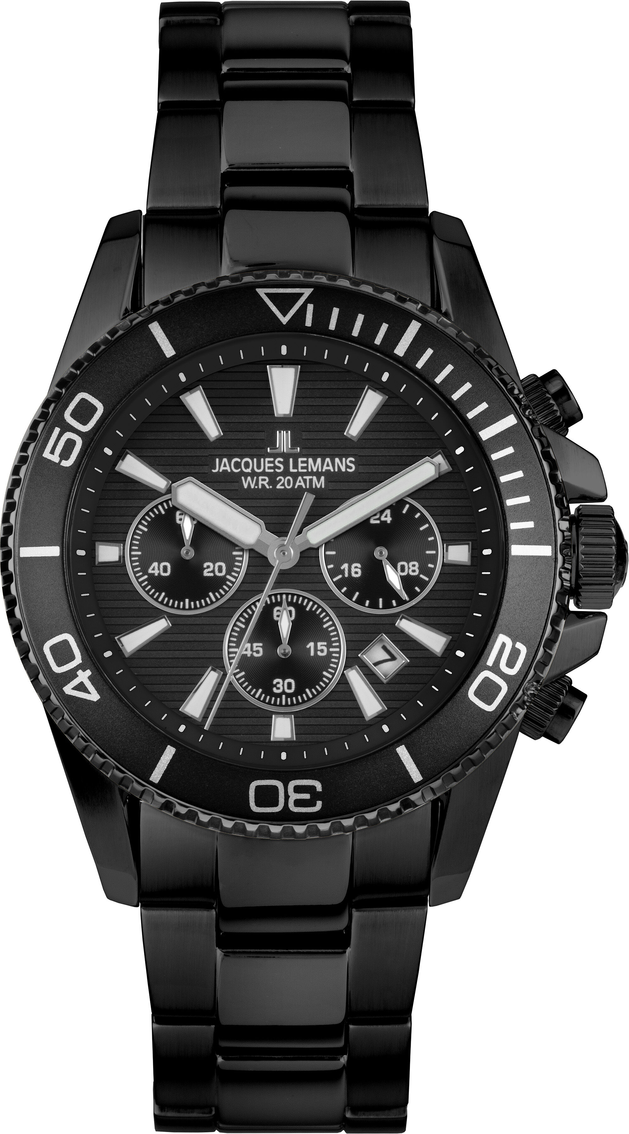 Chronograph JACQUES LEMANS "Liverpool Diver", schwarz (schwarz, schwarz), Armbanduhren, Herren, schwarz, Chronograph, Quarzuhr, Armbanduhr, Herrenuhr, Edelstahlarmband, analog, Tag