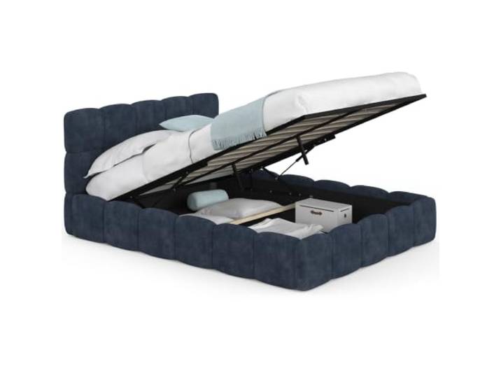 IDMarket - Doppelbett Nuage mit Stauraum, gepolstertem Kopfteil und Lattenrost, 140 x 190 cm, aus blauem Stoff in Chenille-Optik