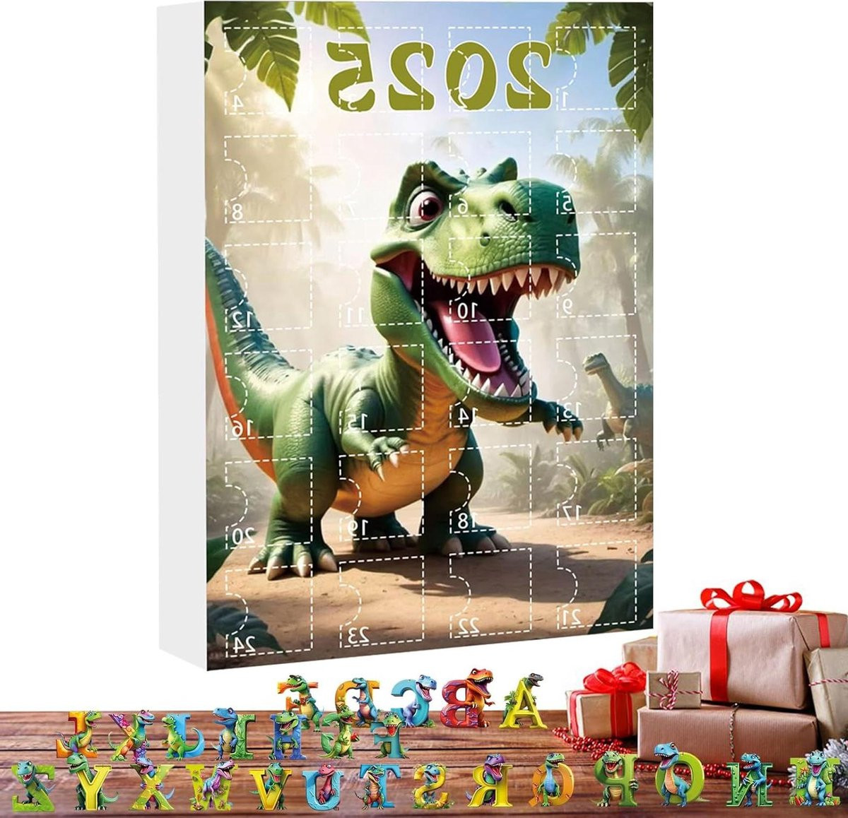 Adventskalender Dinosaurus met 24 dozen alfabet voor kinderen - Model B - 26 x 18 cm