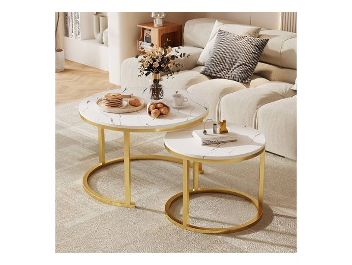 Hiazurm Couchtisch Couchtisch 2er Set mit Marmormuster, Kaffeetisch, Beistelltisch (Satztisch für Wohnzimmer & Büro & Schlafzimme & Balkon, 2er Set), 70x45cm+50x40cm, Rund