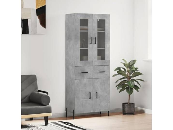 RJPLMFV Anrichte, hoch, betongrau, 69,5 x 34 x 180 cm, aus technischem Holz Stabile Metallfüße, große Aufbewahrung, Wandbefestigung inklusive, feuchtigkeitsbeständig