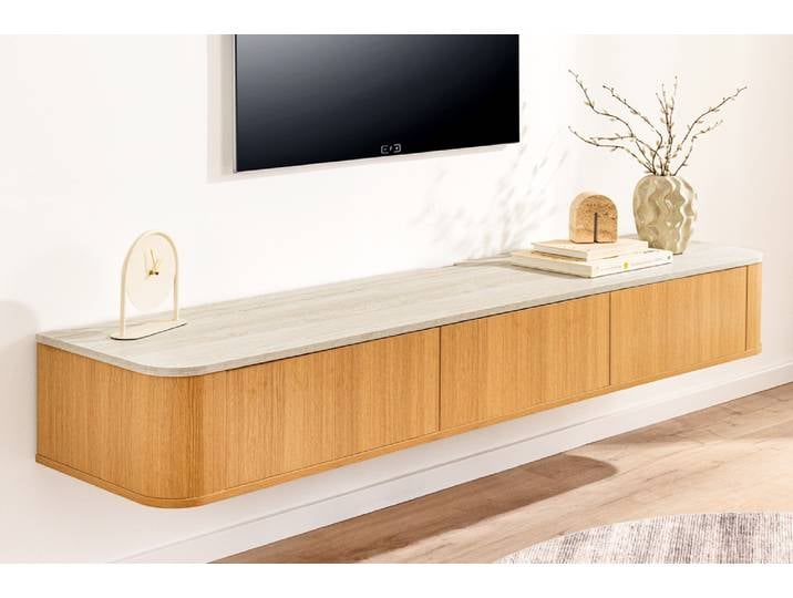 Hängendes TV-Lowboard FJELL 180cm natur Eiche Travertin Stauraum