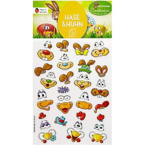 Heitmann-Eierfarben Sticker Hase & Huhn, lustige Tiergesichter, 24 Aufkleber, 24 Stück
