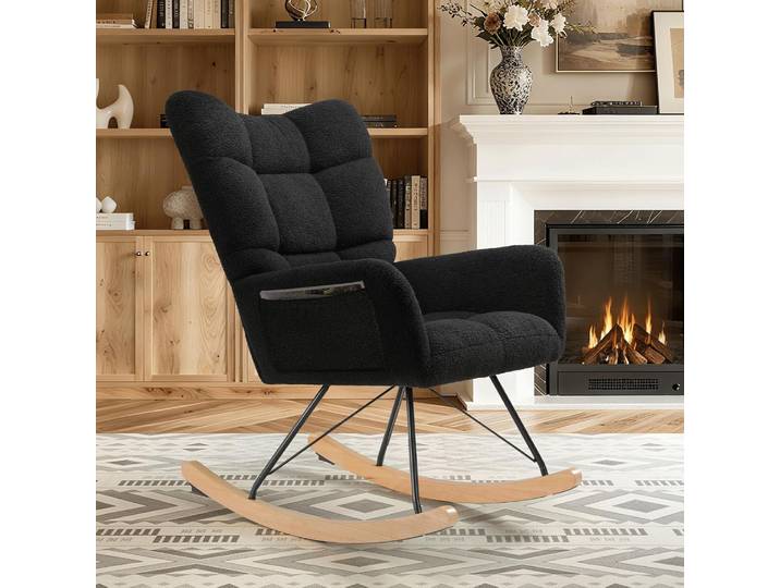 Chaise à bascule, chaise d'allaitement planeur rembourrée en peluche pour adultes, fauteuil à bascule confortable d'intérieur avec poche latérale pour le salon