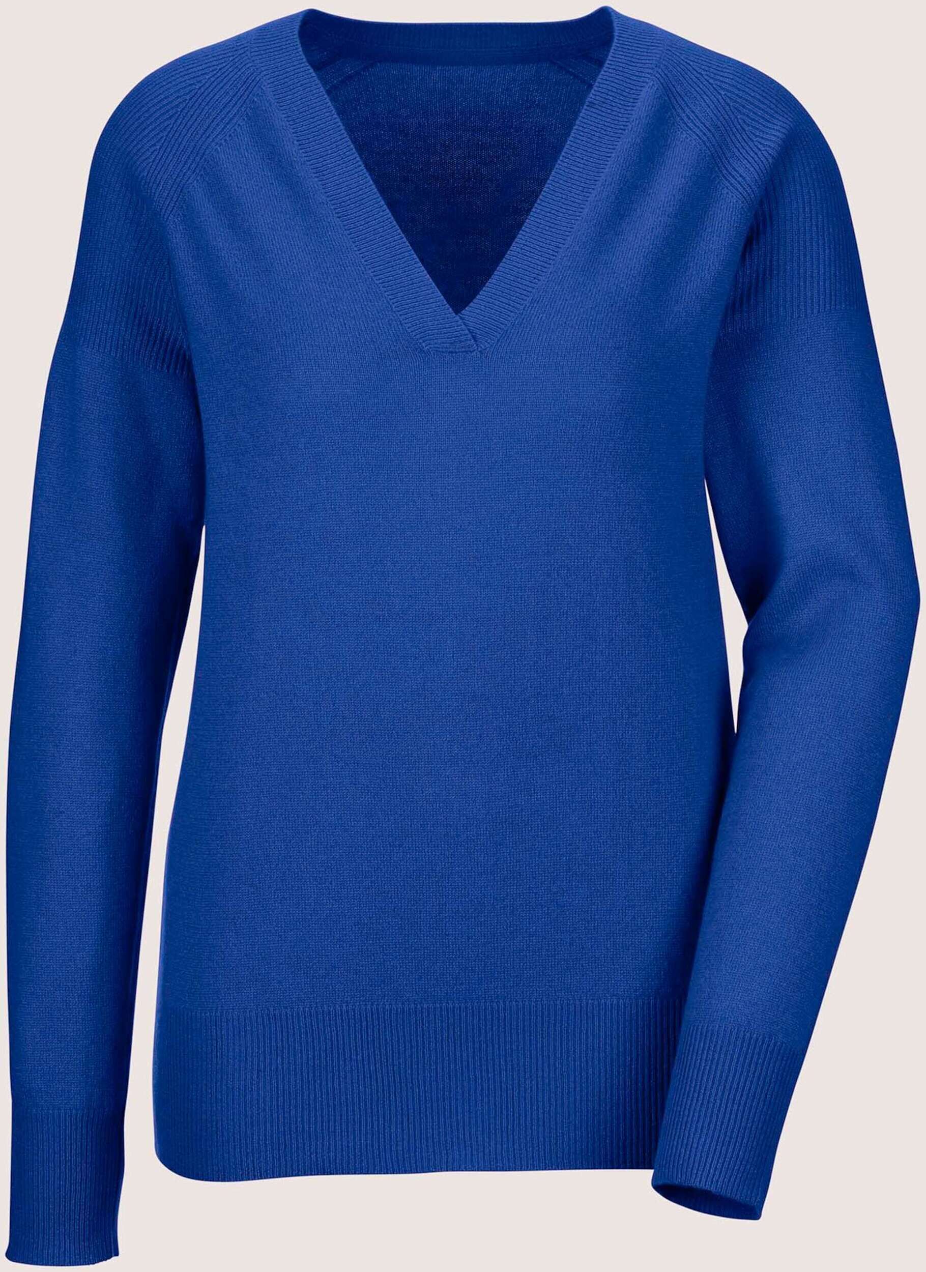 Longpullover MADELEINE "Pullover Kaschmirpullover mit V-Ausschnitt", Damen, Gr. 40/42, blau (royalblau), Obermaterial: 100% Kaschmir WS., Modern, V-Ausschnitt, Pullover Longpullover, Edles Maschenbild