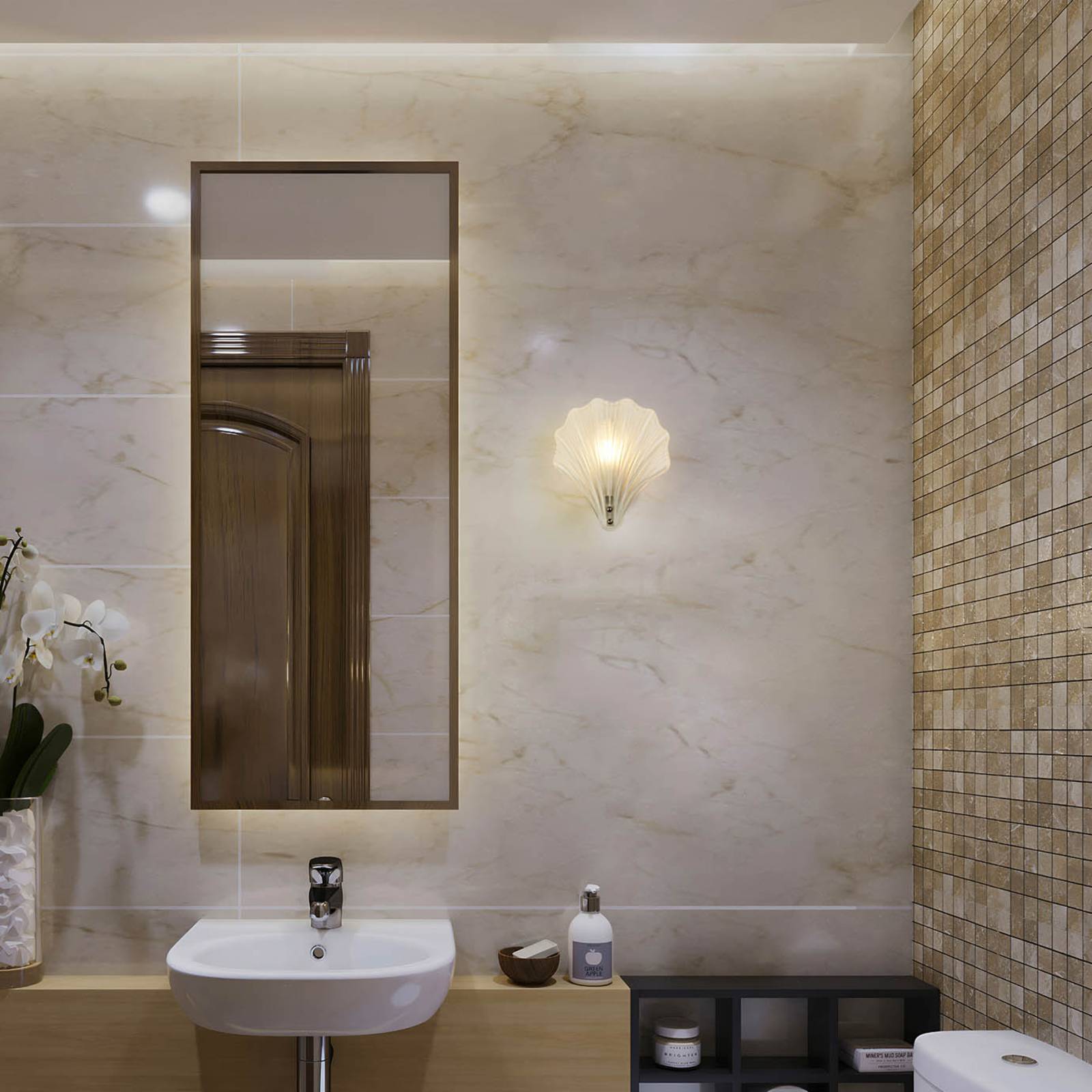 Searchlight Wall Light Shell, dimmable, White / opal, Bathroom, Glass, Wall Light