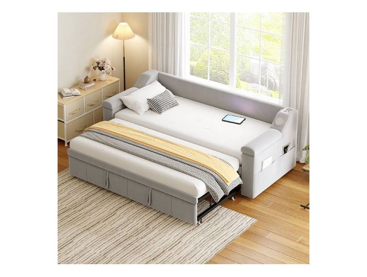 Odikalo Schlafsofa Ausziehbett Polsterbett Armlehnen USB Lattenrost 90/180x190cm Grau